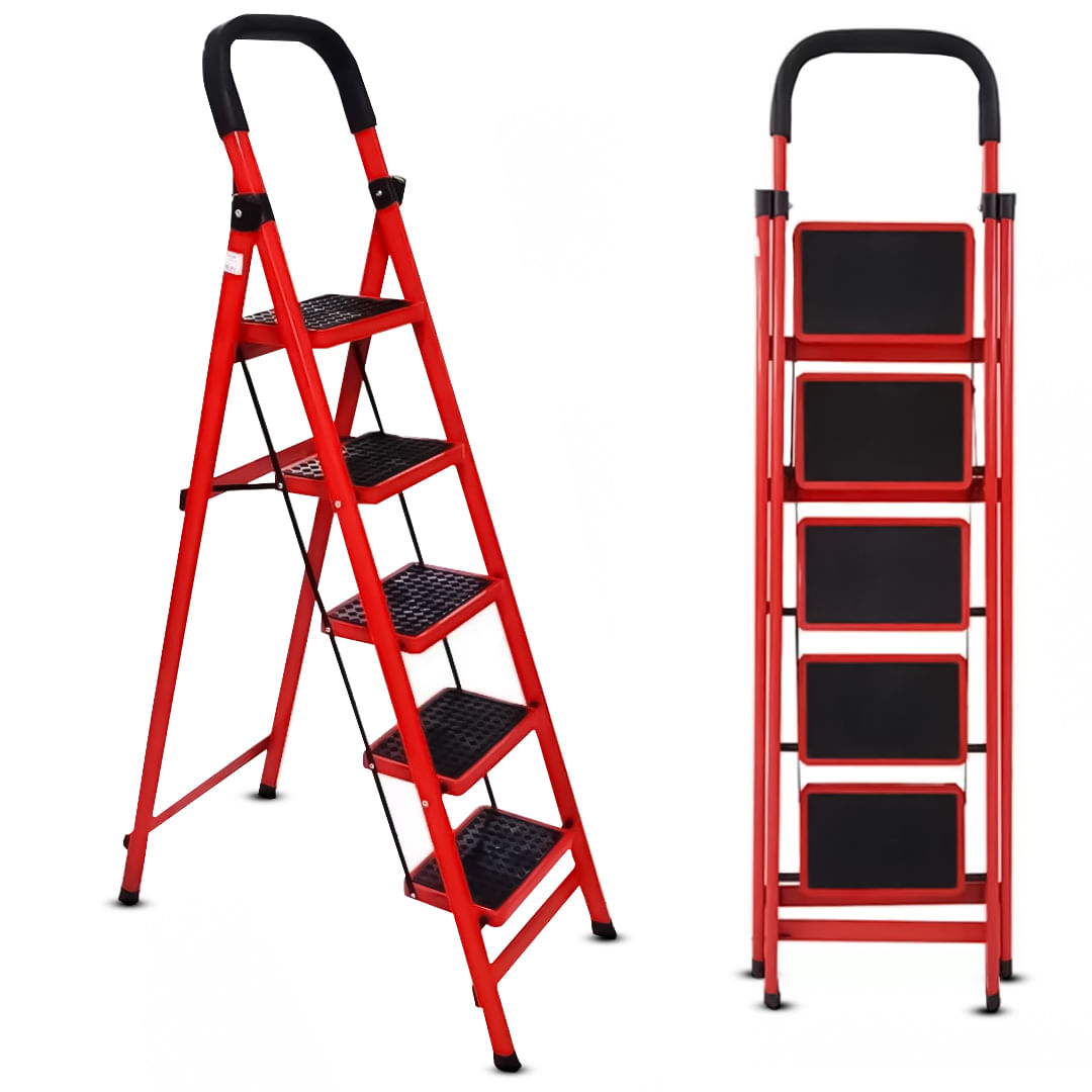 Escalera 5 Niveles Plegable Antideslizante Roja