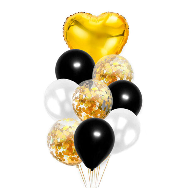 SET DE 8 GLOBOS LATEX 12PLG + 1 GLOBO METALICO 18PLG DORADO NEGRO