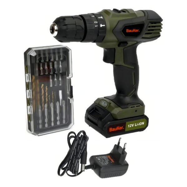 Taladro Percutor Inalámbrico Bauker 10mm 12 V Color Verde Oscuro