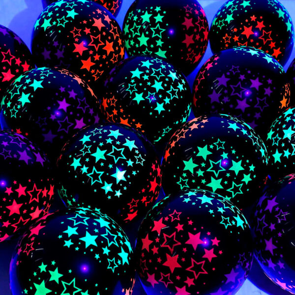 SET DE 8 GLOBOS LATEX FLUORESCENTES REACTIVOS ESTRELLAS